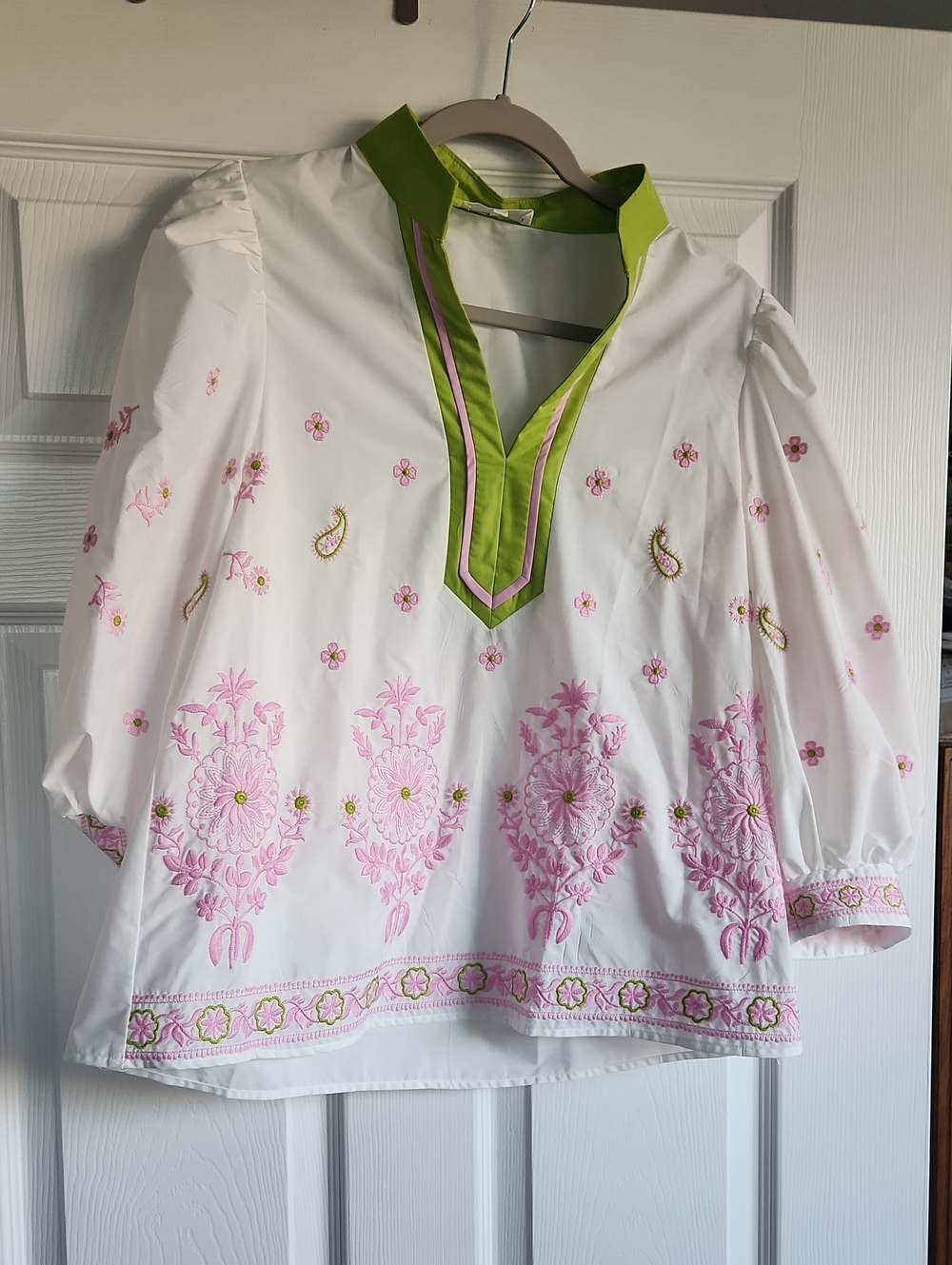 Entro White Tunic Top with Pink Embroidery and Green Trim